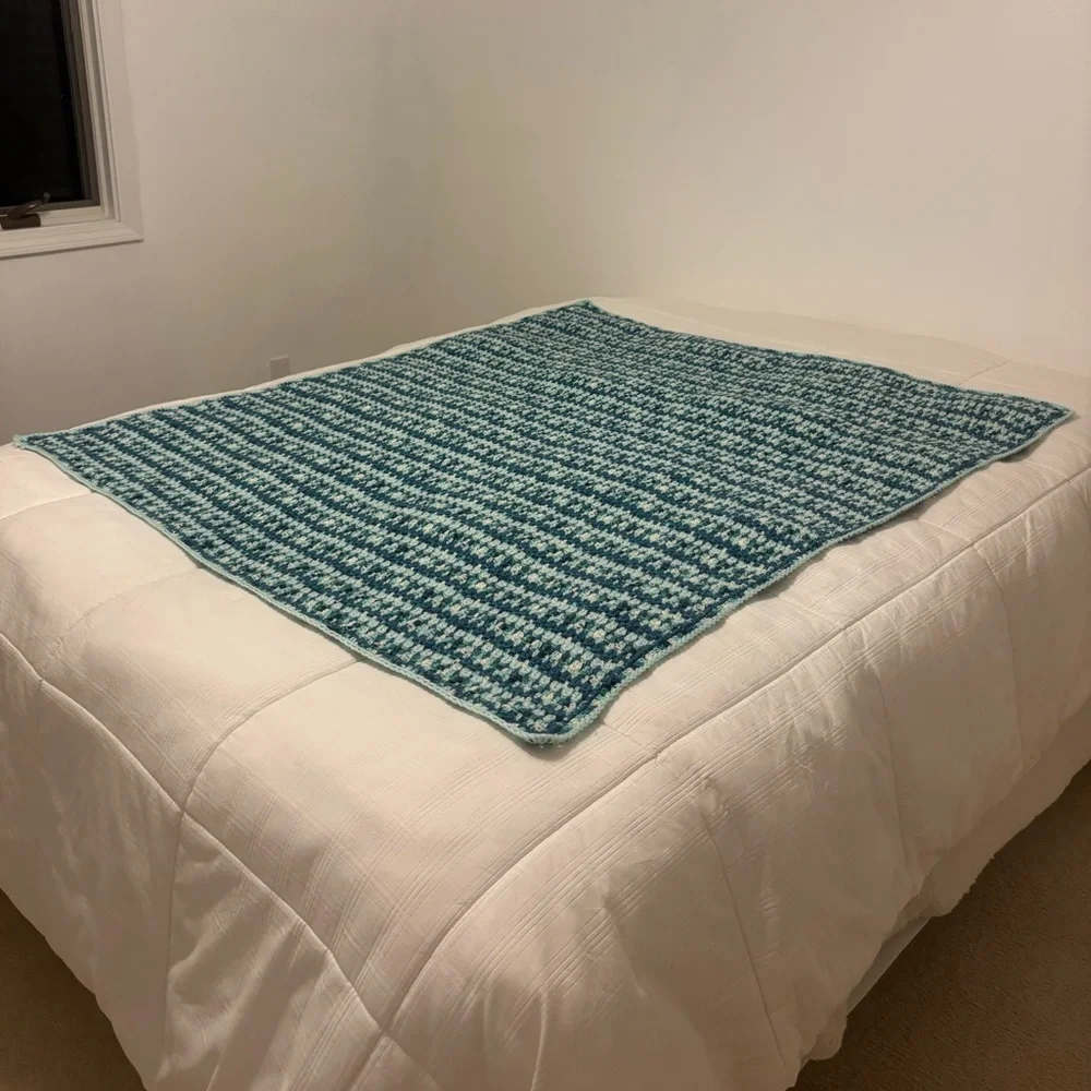 Handmade Crochet Blanket Throw Quilt Sea Glass Coastal Blue Aqua Green 56” X 54”